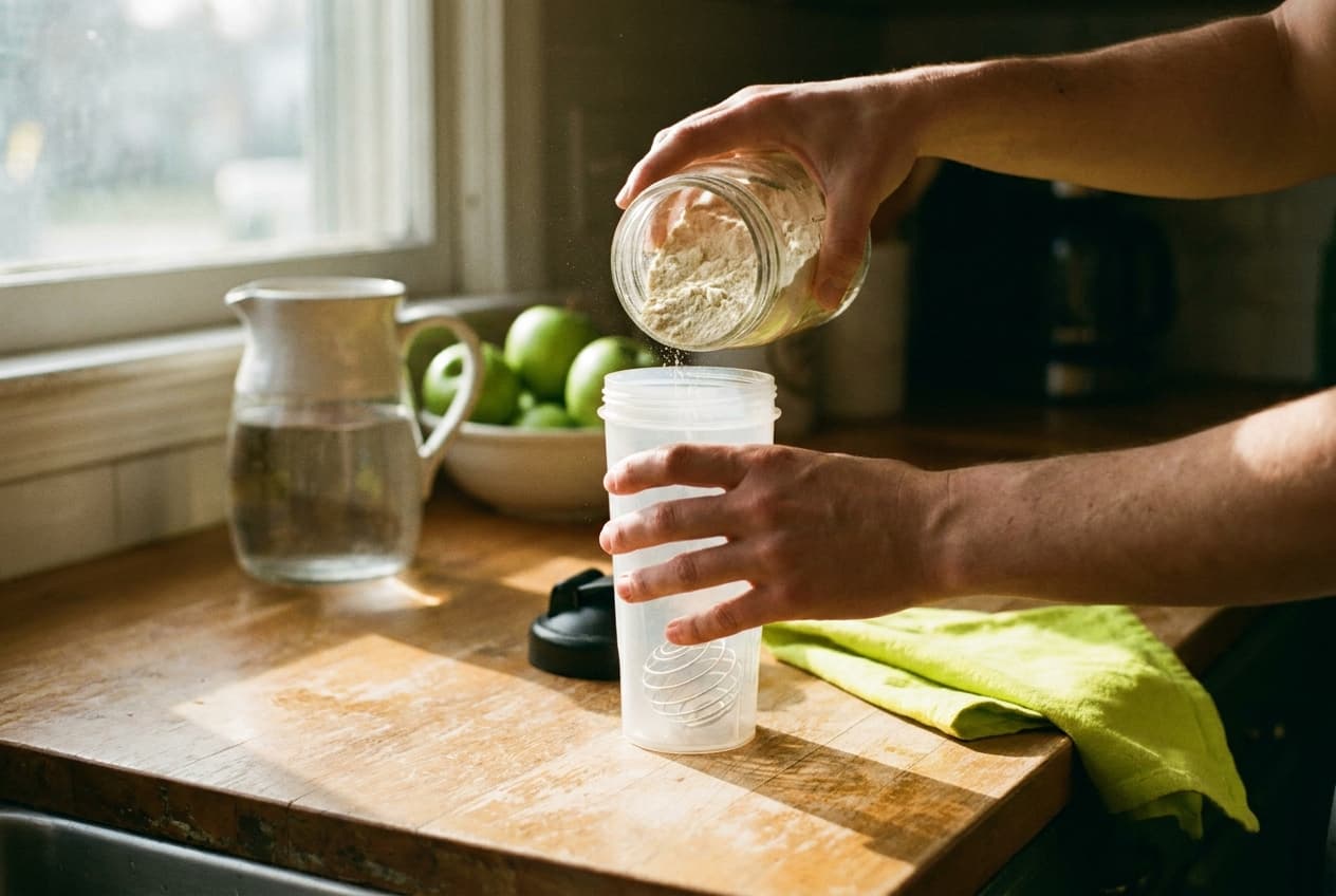 Frisch angerührter Fitline-Drink im Morgenlicht